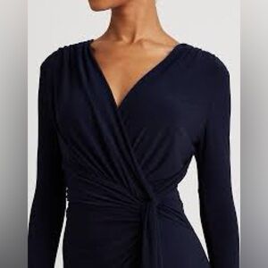 Anne Klein Navy Faux Wrap Long Sleeve Midi Dress Flattering Flowy and Slinky EUC